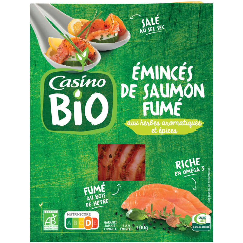 CASINO BIO Emincés de saumon fumé - Aux herbes arômatiques e...