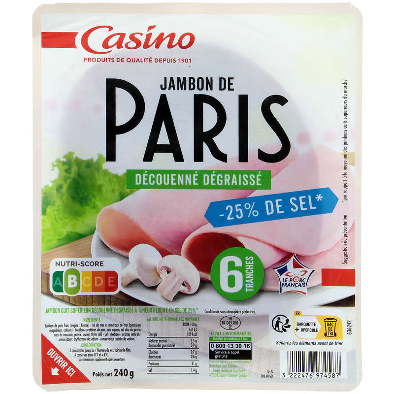 CASINO Jambon de Paris - Découenné dégraissé - Sel réduit - ...