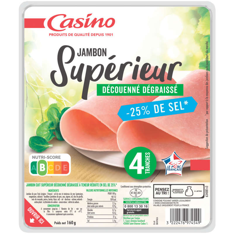 CASINO Jambon supérieur - Découenné dégraissé - Sel réduit -...