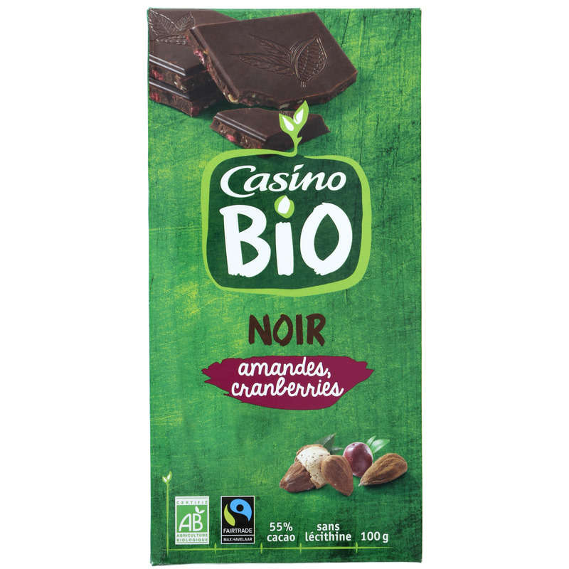 CASINO BIO Tablette de chocolat - Noir - Amandes et cranberr...