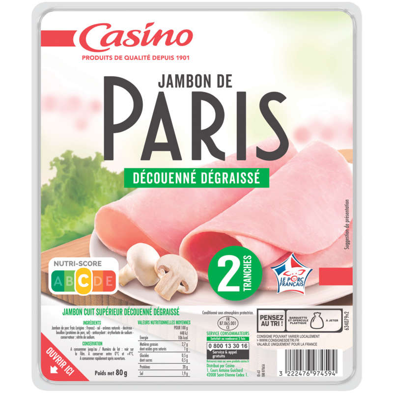CASINO Jambon de Paris - Découenné dégraissé - 2 tranches