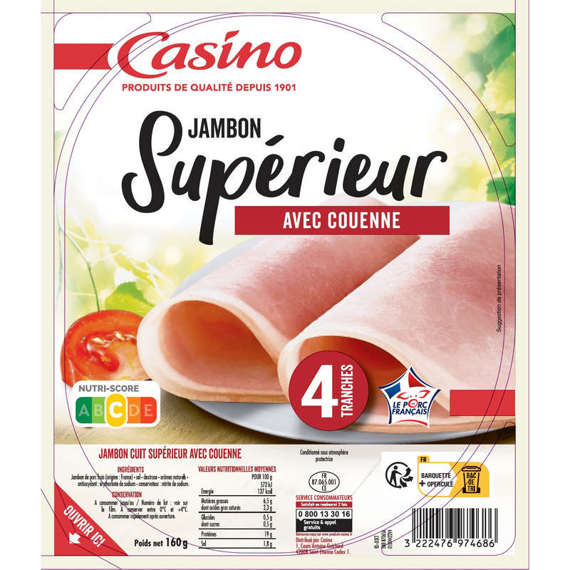 CASINO Jambon supérieur - Avec couenne - 4 tranches
