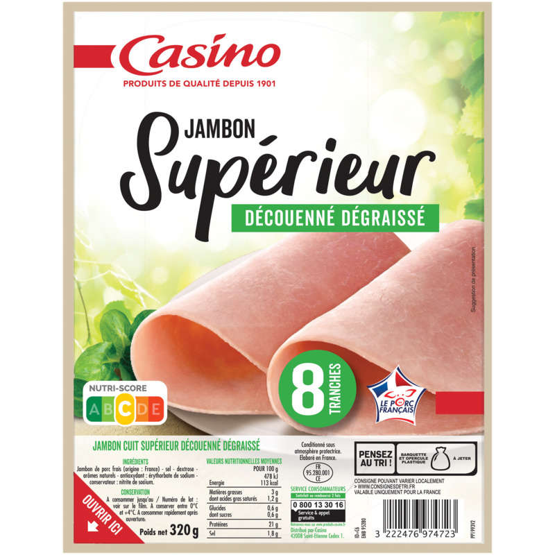CASINO Jambon supérieur - Découenné dégraissé - 8 tranches