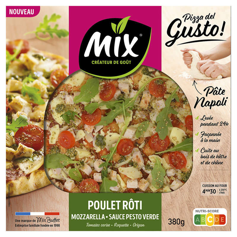 Pizza - Poulet rôti, Mozzarella, Sauce pesto verde, Tomates, Roquette, Origan