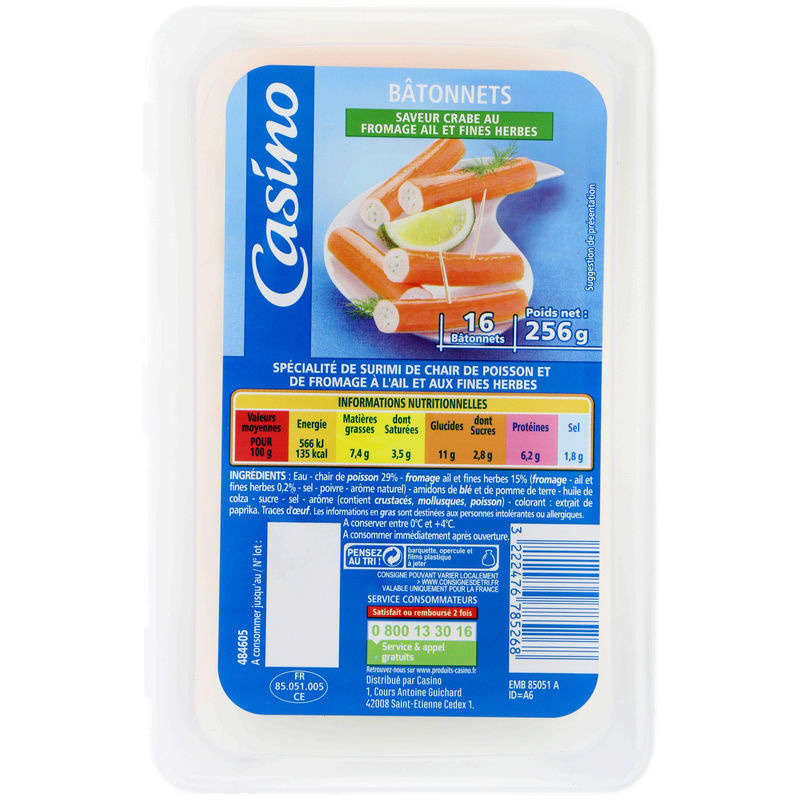 CASINO Bâtonnets - Saveur crabe - Fromage ail et fines herbe...