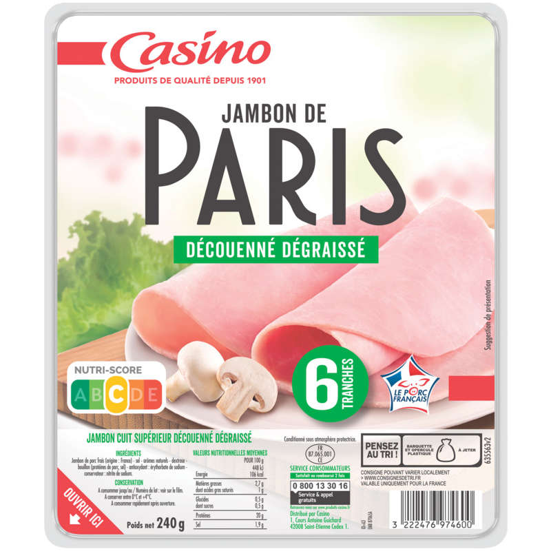 CASINO Jambon de Paris - Découenné dégraissé - 6 tranches