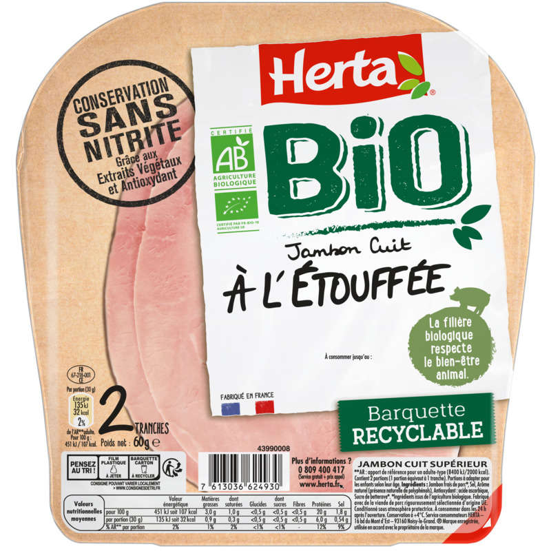 Jambon cuit à l'étouffée bio conservation sans nitrite HERTA, 2 tranches 60g